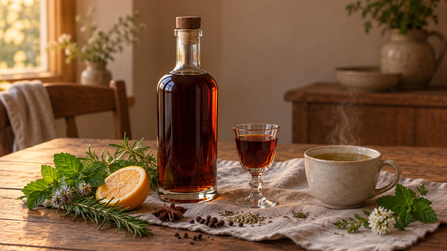 Bouteille de Jägermeister glacée accompagnée d’un verre doseur, de glace et d’épices sur fond sombre.